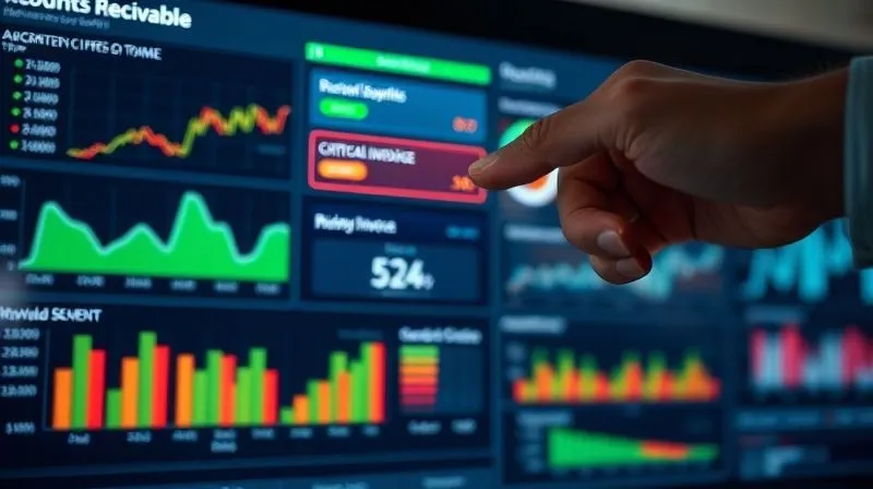photorealistic, professional photography, 8K, cinematic lighting, sharp focus, depth of field, shot on a high-end DSLR, a digital dashboard displaying accounts receivable aging report with green for current and red for overdue, financial charts, a hand pointing to a critical overdue invoice, conveying urgency and control.