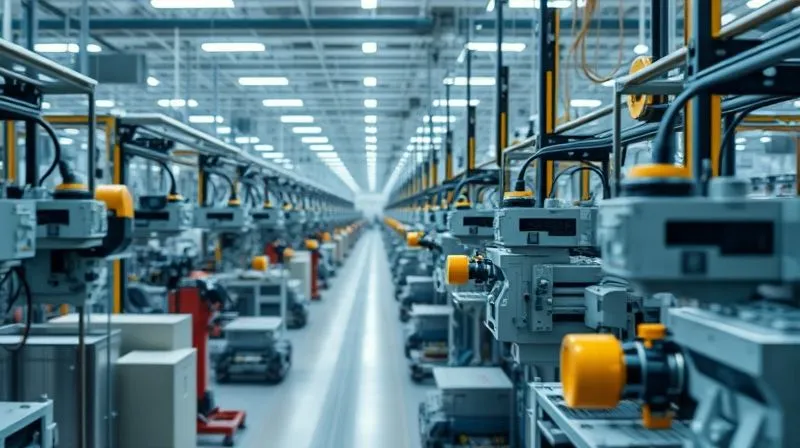 photorealistic, professional photography, 8K, cinematic lighting, sharp focus, depth of field, shot on a high-end DSLR, a complex but streamlined factory floor, machinery operating smoothly and efficiently, minimal waste, with a sense of precision and optimization, symbolizing operational excellence.