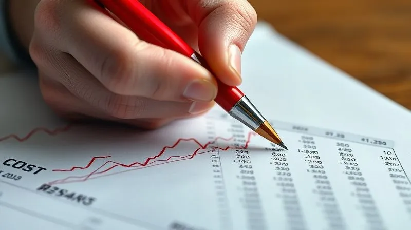 photorealistic, professional photography, 8K, cinematic lighting, sharp focus, depth of field, shot on a high-end DSLR, a detailed financial ledger with red lines indicating cost reductions, a hand holding a red pen making strategic marks, highlighting areas of expense optimization, symbolizing careful financial scrutiny.