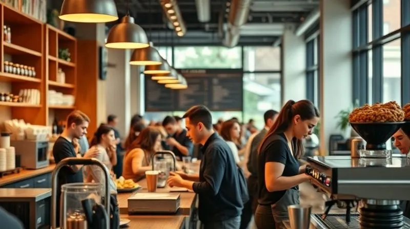 photorealistic, professional photography, 8K, cinematic lighting, sharp focus, depth of field, shot on a high-end DSLR, a modern coffee shop interior during a busy but well-managed rush, baristas efficiently serving customers, no visible chaos, symbolizing streamlined operations and productivity.