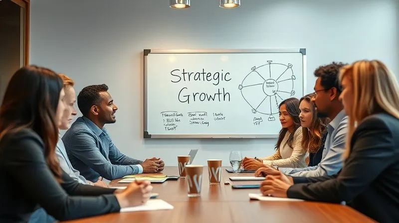 photorealistic, professional photography, 8K, cinematic lighting, sharp focus, depth of field, shot on a high-end DSLR, a group of diverse business professionals gathered around a conference table, actively collaborating and sharing ideas, with a whiteboard in the background displaying 'Strategic Growth' and a network diagram, symbolizing franchisor support and collaborative problem-solving.