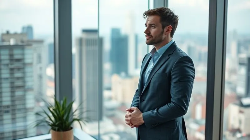 photorealistic, professional photography, 8K, cinematic lighting, sharp focus, depth of field, shot on a high-end DSLR, a determined business leader standing confidently in a modern office, looking out a window at a bustling city, hands clasped, embodying resilience and strategic foresight amidst challenges.