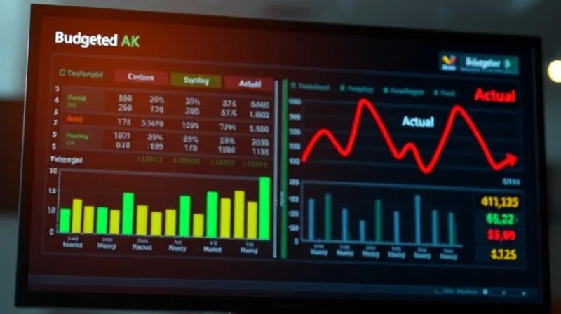photorealistic, professional photography, 8K, cinematic lighting, sharp focus, depth of field, shot on a high-end DSLR, a split screen showing two financial dashboards: one displaying 'Budgeted' figures in green and another displaying 'Actual' figures in red, with clear arrows indicating deviations. The overall mood is analytical and precise, with a subtle glow on the 'Actual' side highlighting the variances. photorealistic, professional photography, 8K, cinematic lighting, sharp focus, depth of field, shot on a high-end DSLR, a split screen showing two financial dashboards: one displaying 'Budgeted' figures in green and another displaying 'Actual' figures in red, with clear arrows indicating deviations. The overall mood is analytical and precise, with a subtle glow on the 'Actual' side highlighting the variances.