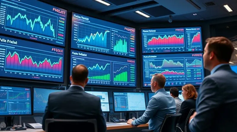 A photorealistic image of a modern financial control room. Multiple large screens display real-time financial dashboards with graphs showing 'Forecast vs. Actual' comparisons, trend lines, and variance alerts. A team of diverse professionals in business attire are actively monitoring the data, discussing, and making adjustments. Cinematic lighting, sharp focus on the screens, depth of field blurring the background, 8K hyper-detailed.