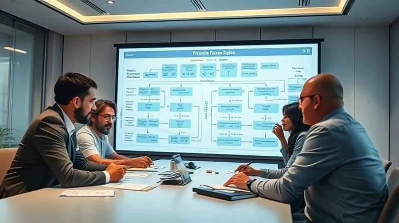 A photorealistic, professional photography, 8K, cinematic lighting, sharp focus, depth of field, shot on a high-end DSLR. A detailed, modern process flow diagram with clear swimlanes and decision points, projected onto a large, illuminated screen in a collaborative meeting room. Diverse business professionals are gathered around a table, actively discussing and annotating the map with sticky notes, symbolizing collaborative process mapping. The atmosphere is engaged and analytical. A photorealistic, professional photography, 8K, cinematic lighting, sharp focus, depth of field, shot on a high-end DSLR. A detailed, modern process flow diagram with clear swimlanes and decision points, projected onto a large, illuminated screen in a collaborative meeting room. Diverse business professionals are gathered around a table, actively discussing and annotating the map with sticky notes, symbolizing collaborative process mapping. The atmosphere is engaged and analytical.
