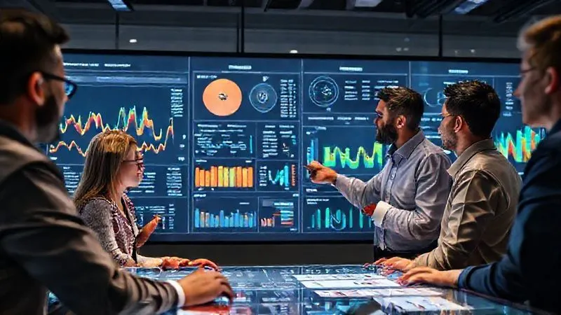 A photorealistic image of a diverse group of business professionals gathered around a large, interactive digital dashboard displaying complex customer data visualizations, including heatmaps, flow charts, and segmented graphs. They are actively discussing and pointing at insights, embodying collaborative data analysis, cinematic lighting, sharp focus on the screen and faces, depth of field blurring the background, 8K hyper-detailed, professional photography, shot on a high-end DSLR.