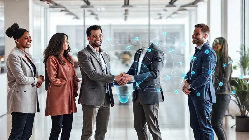 A photorealistic image of a diverse sales team and a marketing team standing together, shaking hands and smiling, with a large, interconnected digital funnel flowing smoothly behind them. The setting is a modern, collaborative office space, symbolizing strong alignment and shared goals, cinematic lighting, sharp focus on the teams, depth of field blurring the background, 8K hyper-detailed, professional photography, shot on a high-end DSLR.