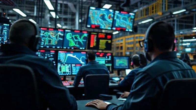 A photorealistic image of a frantic but organized control room in a manufacturing plant, screens displaying supply chain maps and inventory levels with red warning indicators. Operators are intensely focused, collaborating to find solutions, with a sense of urgency and problem-solving. Cinematic lighting, sharp focus on the central console, depth of field blurring peripheral monitors. 8K hyper-detailed, professional photography. A photorealistic image of a frantic but organized control room in a manufacturing plant, screens displaying supply chain maps and inventory levels with red warning indicators. Operators are intensely focused, collaborating to find solutions, with a sense of urgency and problem-solving. Cinematic lighting, sharp focus on the central console, depth of field blurring peripheral monitors. 8K hyper-detailed, professional photography.