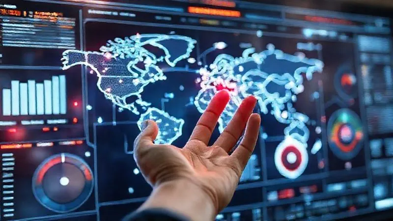 A photorealistic image of a futuristic control panel, displaying a holographic 3D map of a global supply chain. Data streams and digital nodes connect various points, with real-time analytics dashboards showing inventory levels, shipment statuses, and potential risk zones highlighted in red. A hand reaches out to interact with the holographic interface. Cinematic lighting, sharp focus on the display, depth of field blurring the hand and background. 8K hyper-detailed, professional photography. A photorealistic image of a futuristic control panel, displaying a holographic 3D map of a global supply chain. Data streams and digital nodes connect various points, with real-time analytics dashboards showing inventory levels, shipment statuses, and potential risk zones highlighted in red. A hand reaches out to interact with the holographic interface. Cinematic lighting, sharp focus on the display, depth of field blurring the hand and background. 8K hyper-detailed, professional photography.