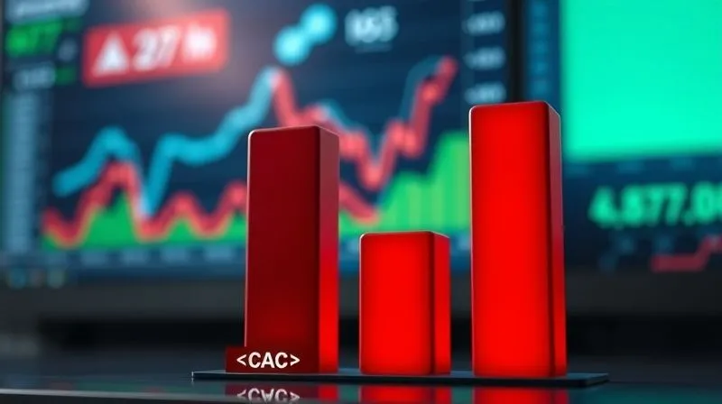 photorealistic, professional photography, 8K, cinematic lighting, sharp focus, depth of field, shot on a high-end DSLR. A visually compelling bar chart or infographic depicting two distinct bars. One bar, labeled 'Customer Acquisition Cost (CAC)', is tall and red, indicating high expenditure. The second bar, labeled 'Customer Lifetime Value (LTV)', is shorter and green, indicating insufficient returns. The background features blurred digital marketing analytics screens, emphasizing the data-driven nature of the concept.