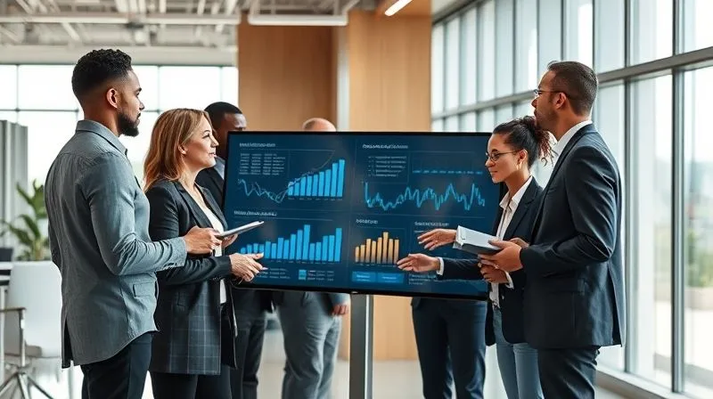 photorealistic, professional photography, 8K, cinematic lighting, sharp focus, depth of field, shot on a high-end DSLR. A diverse group of business professionals in a modern, well-lit office collaborating around a large interactive screen displaying financial data and analytics. They are actively discussing, pointing to charts, and taking notes. The mood is focused, collaborative, and forward-thinking, symbolizing a team united in understanding and improving financial performance.