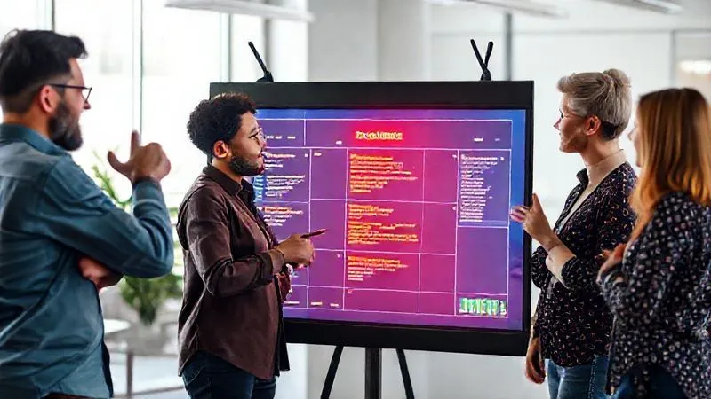 A photorealistic image of a diverse project team standing around a digital scrum board, animated with glowing tasks and progress bars. One team member points to a 'blocker' highlighted in red, while others nod in understanding. The setting is a modern, sunlit office. Professional photography, 8K, cinematic lighting, sharp focus on the team's interaction, depth of field blurring the background, shot on a high-end DSLR. The atmosphere is collaborative and problem-solving focused. A photorealistic image of a diverse project team standing around a digital scrum board, animated with glowing tasks and progress bars. One team member points to a 'blocker' highlighted in red, while others nod in understanding. The setting is a modern, sunlit office. Professional photography, 8K, cinematic lighting, sharp focus on the team's interaction, depth of field blurring the background, shot on a high-end DSLR. The atmosphere is collaborative and problem-solving focused.