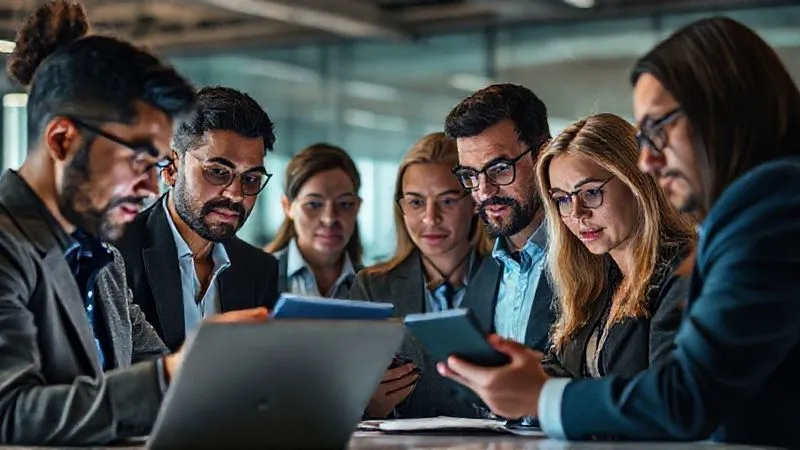 A photorealistic image of a diverse group of professionals in a modern office, each looking at a different screen or device, with subtle visual cues suggesting miscommunication or differing interpretations of the same information. Cinematic lighting, sharp focus on their varied expressions, depth of field, 8K, shot on a high-end DSLR, conveying a sense of disconnect despite proximity.