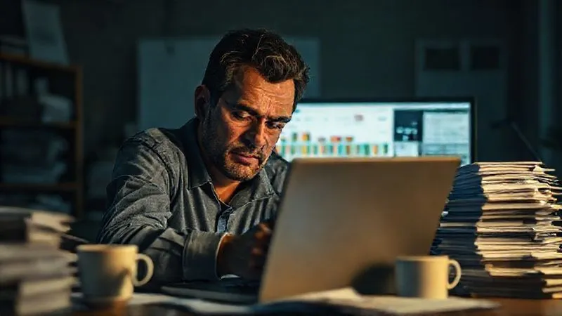 A photorealistic image of a lone project manager, slumped over a laptop in a dimly lit office, surrounded by stacks of papers and empty coffee cups. Their face shows signs of exhaustion and stress, with a blurred, chaotic project timeline visible on the screen. Professional photography, 8K, cinematic lighting, sharp focus on the manager's weary expression, depth of field, shot on a high-end DSLR, conveying burnout and overwhelming workload.