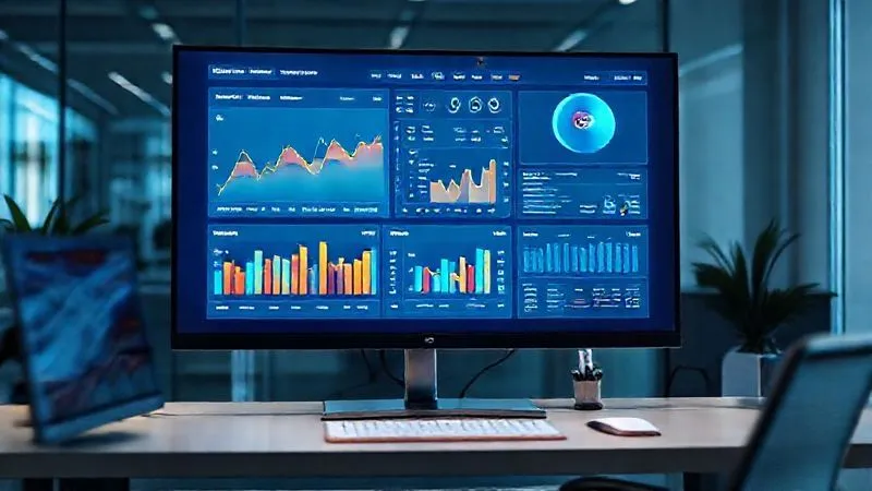 A photorealistic, highly detailed image of a modern, sleek dashboard on a large monitor, displaying real-time sales trends, inventory levels, and predictive analytics charts. The screen glows with vibrant data visualizations, surrounded by a professional, minimalist workspace. Professional photography, 8K, cinematic lighting, sharp focus, depth of field, shot on a high-end DSLR. A photorealistic, highly detailed image of a modern, sleek dashboard on a large monitor, displaying real-time sales trends, inventory levels, and predictive analytics charts. The screen glows with vibrant data visualizations, surrounded by a professional, minimalist workspace. Professional photography, 8K, cinematic lighting, sharp focus, depth of field, shot on a high-end DSLR.