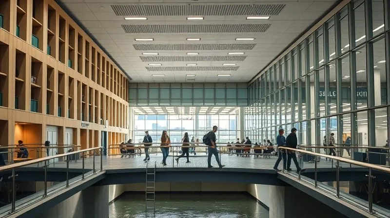 A photorealistic image of a bridge connecting a classroom building to a bustling office environment, symbolizing the transition from learning to application. The bridge is well-lit and sturdy, with people confidently crossing. Professional photography, 8K, cinematic lighting, sharp focus, depth of field, shot on a high-end DSLR.