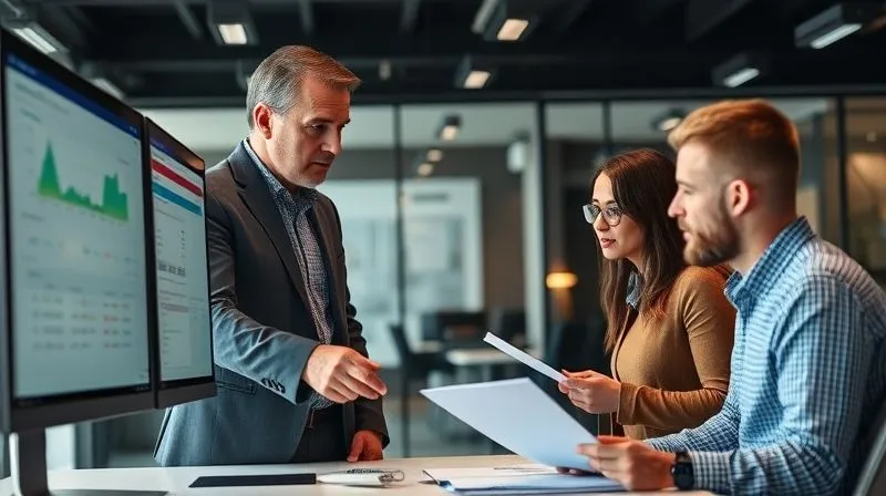 A photorealistic image of a sales manager actively coaching a sales representative in a modern office. The manager is pointing at a screen showing CRM data, while the rep is engaged and taking notes. The interaction is collaborative and focused. Professional photography, 8K, cinematic lighting, sharp focus, depth of field, shot on a high-end DSLR.