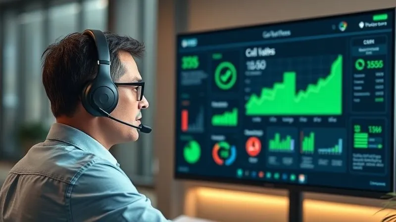 A photorealistic image of a sales professional wearing a headset, intently reviewing a dashboard on a large monitor displaying call analytics, CRM data, and personalized learning paths. The screen shows green upward trends and positive metrics. Professional photography, 8K, cinematic lighting, sharp focus, depth of field, shot on a high-end DSLR.