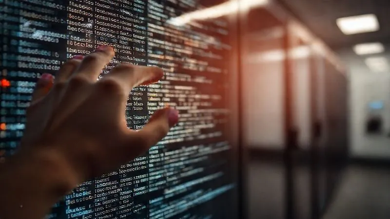 A photorealistic, professional photography of lines of complex code glowing on a transparent digital screen, with a human hand (blurred) pointing to an optimized section. The background shows a minimalist server room. Cinematic lighting, sharp focus on the code, depth of field blurring the hand and background. 8K hyper-detailed, shot on a high-end DSLR. A photorealistic, professional photography of lines of complex code glowing on a transparent digital screen, with a human hand (blurred) pointing to an optimized section. The background shows a minimalist server room. Cinematic lighting, sharp focus on the code, depth of field blurring the hand and background. 8K hyper-detailed, shot on a high-end DSLR.