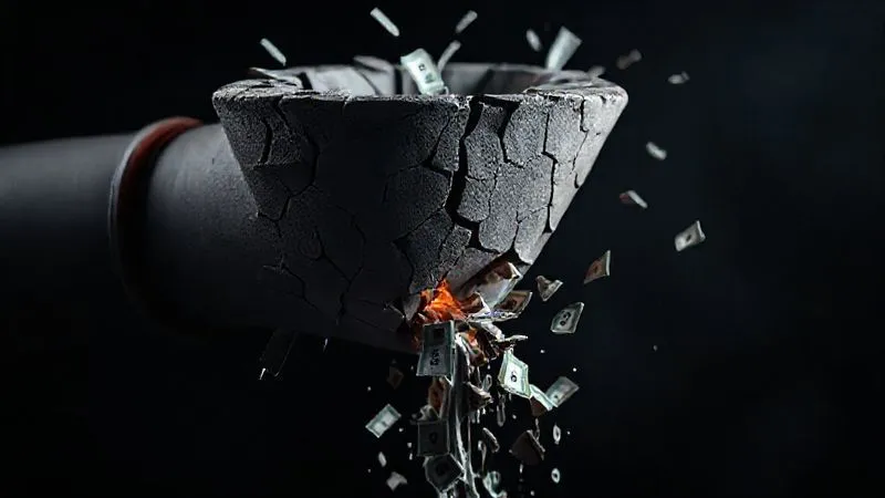 A photorealistic 3D rendering of a complex sales funnel with several visible cracks and leaks, money and leads spilling out, set against a dark, dramatic background with cinematic lighting. Sharp focus on the leaky sections, depth of field, 8K hyper-detailed, professional photography.