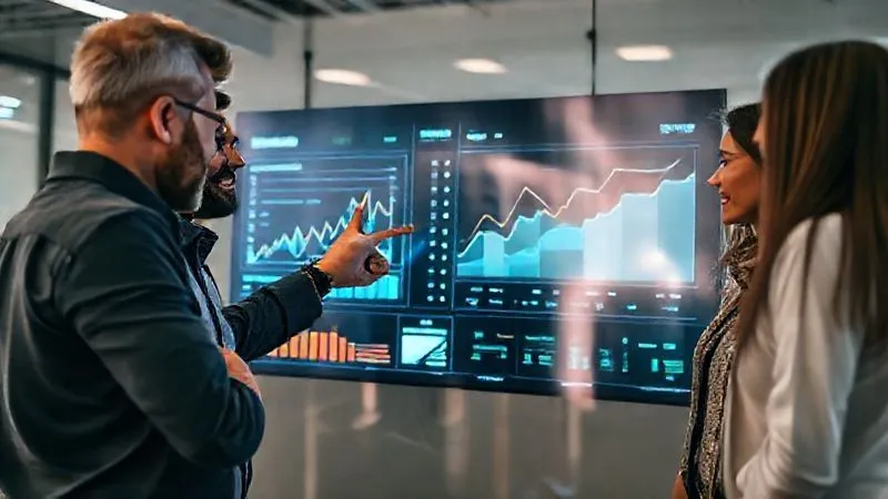 A photorealistic image of a diverse sales team, highly engaged and collaborating around a large digital dashboard displaying positive sales metrics. One team member is pointing confidently at a chart showing growth, with cinematic lighting, sharp focus on their faces, depth of field, 8K hyper-detailed, professional photography.