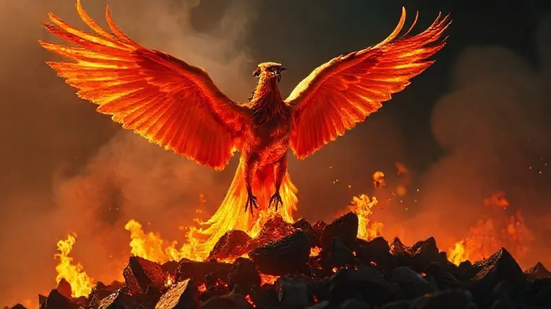 A photorealistic image of a majestic phoenix rising from fiery ashes, symbolizing revival and renewed momentum. The phoenix is in sharp focus, with dramatic cinematic lighting casting warm, dynamic shadows, depth of field blurring the background, 8K hyper-detailed, professional photography.