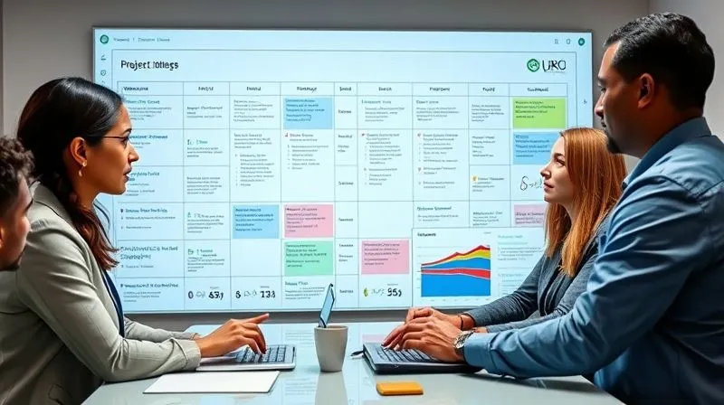 A diverse team of professionals intensely collaborating around a large, interactive digital whiteboard displaying complex project timelines and shared metrics. Photorealistic, professional photography, 8K, cinematic lighting, sharp focus, depth of field, shot on a high-end DSLR. A diverse team of professionals intensely collaborating around a large, interactive digital whiteboard displaying complex project timelines and shared metrics. Photorealistic, professional photography, 8K, cinematic lighting, sharp focus, depth of field, shot on a high-end DSLR.