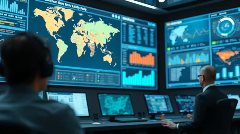 A photorealistic, futuristic control room with multiple large screens displaying interactive supply chain dashboards. One screen shows a global map with real-time shipment tracking, another shows inventory levels, and a third displays predictive analytics. Operators are calmly monitoring the data. Cinematic lighting, sharp focus on the screens, depth of field blurring the background, 8K hyper-detailed, professional photography, shot on a high-end DSLR.