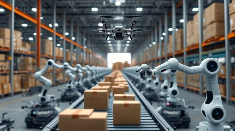 A photorealistic image of a modern, automated warehouse with robotic arms moving packages efficiently on conveyor belts. Drones are visible performing inventory checks overhead. The scene is clean, well-lit, and futuristic, emphasizing precision and speed. Cinematic lighting, sharp focus on the robots, depth of field blurring the background, 8K hyper-detailed, professional photography, shot on a high-end DSLR.