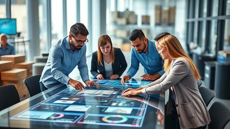 A photorealistic, diverse group of professionals (logistics manager, sales director, production head, marketing specialist) collaborating around a large interactive digital table displaying supply chain data and projections. They are actively discussing and pointing at the screen, showing teamwork and shared decision-making. Cinematic lighting, sharp focus on the group, depth of field blurring the modern office background, 8K hyper-detailed, professional photography, shot on a high-end DSLR.