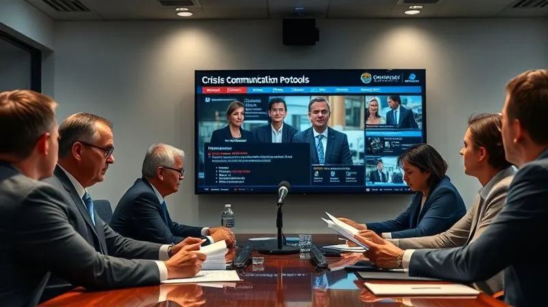 A diverse group of executives in a modern, well-lit board room, intensely focused on a large digital screen displaying crisis communication protocols and news feeds. One executive is speaking empathetically into a microphone, while others review documents, conveying urgency and serious intent. Photorealistic, professional photography, 8K, cinematic lighting, sharp focus, depth of field, shot on a high-end DSLR.