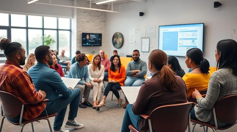 A diverse group of workers and community members sitting in a bright, modern community center, engaged in a discussion with corporate representatives who are actively listening and taking notes. The atmosphere is respectful and collaborative, with visual aids on a screen showing support programs. Photorealistic, professional photography, 8K, cinematic lighting, sharp focus, depth of field, shot on a high-end DSLR.