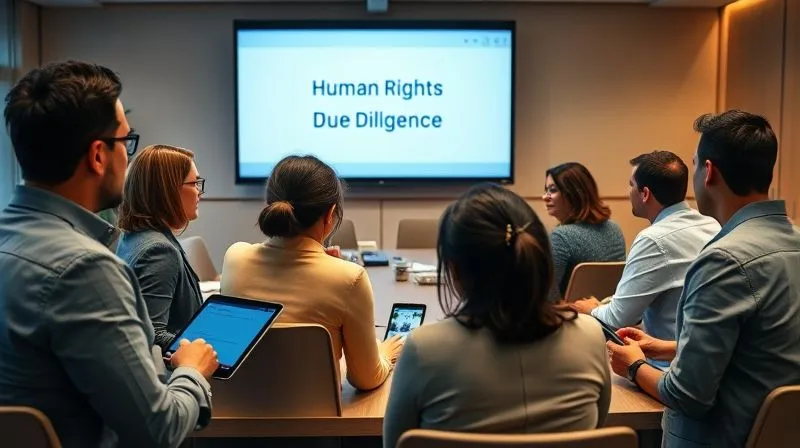 A diverse group of corporate employees in a modern training room, actively participating in an interactive workshop on ethical sourcing. They are engaged in group discussions, using tablets, and looking at a presenter on a large screen displaying 'Human Rights Due Diligence'. The atmosphere is collaborative and serious. Photorealistic, professional photography, 8K, cinematic lighting, sharp focus, depth of field, shot on a high-end DSLR.