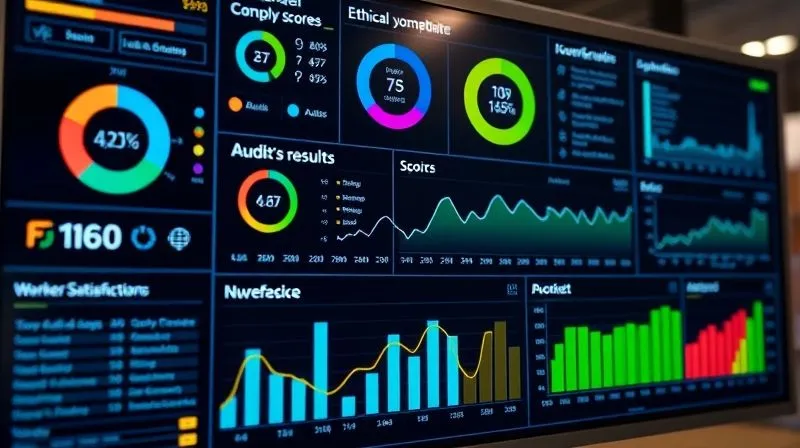 A complex digital dashboard displaying various metrics for supply chain performance, including ethical compliance scores, audit results, and worker satisfaction indices, with trend lines showing positive improvement over time. The screen is vibrant and professional, surrounded by a subtle glow. Photorealistic, professional photography, 8K, cinematic lighting, sharp focus, depth of field, shot on a high-end DSLR.