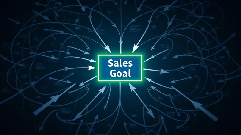 Photorealistic, professional photography, 8K, cinematic lighting, sharp focus, depth of field, shot on a high-end DSLR. A complex flowchart with several broken, tangled arrows leading away from a central glowing 'Sales Goal' box, while a few clear, illuminated arrows point directly towards it, symbolizing the challenges and opportunities in campaign strategy. Photorealistic, professional photography, 8K, cinematic lighting, sharp focus, depth of field, shot on a high-end DSLR. A complex flowchart with several broken, tangled arrows leading away from a central glowing 'Sales Goal' box, while a few clear, illuminated arrows point directly towards it, symbolizing the challenges and opportunities in campaign strategy.