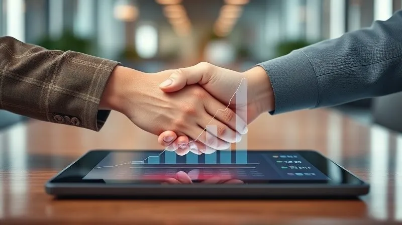 Photorealistic, professional photography, 8K, cinematic lighting, sharp focus, depth of field, shot on a high-end DSLR. Two hands shaking over a digital tablet displaying a rising sales growth chart, with a blurred background of a modern office, symbolizing a successful, long-term business partnership and collaborative growth. Photorealistic, professional photography, 8K, cinematic lighting, sharp focus, depth of field, shot on a high-end DSLR. Two hands shaking over a digital tablet displaying a rising sales growth chart, with a blurred background of a modern office, symbolizing a successful, long-term business partnership and collaborative growth.