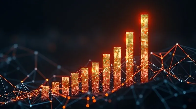 Photorealistic, professional photography, 8K, cinematic lighting, sharp focus, depth of field, shot on a high-end DSLR. A rising bar chart made of glowing, interconnected digital light, emerging from a dark, complex digital landscape, symbolizing successful optimization and growth in influencer marketing sales. Photorealistic, professional photography, 8K, cinematic lighting, sharp focus, depth of field, shot on a high-end DSLR. A rising bar chart made of glowing, interconnected digital light, emerging from a dark, complex digital landscape, symbolizing successful optimization and growth in influencer marketing sales.