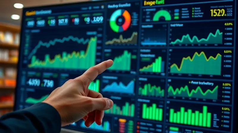 photorealistic, professional photography, 8K, cinematic lighting, sharp focus, depth of field, shot on a high-end DSLR, a complex data visualization dashboard showing interconnected sales, inventory, and marketing metrics, with clear trends and anomalies highlighted, a hand pointing to a specific data point, conveying analysis and insight, vibrant blue and green tones.