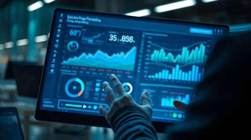 photorealistic, professional photography, 8K, cinematic lighting, sharp focus, depth of field, shot on a high-end DSLR, a sleek, futuristic computer screen displaying a complex sales forecasting software interface, with real-time graphs, predictive analytics, and inventory levels clearly visible, hands interacting with a holographic projection of data, conveying advanced technology and control, cool blue and green lighting.