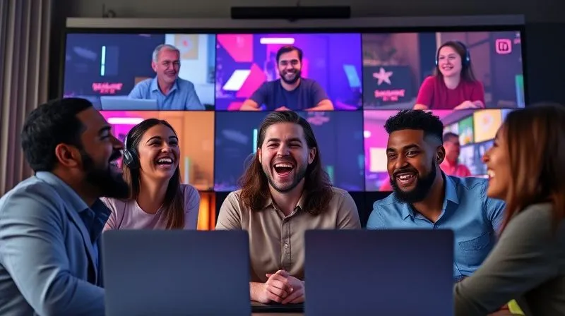 A diverse group of remote professionals laughing and interacting on a multi-screen video call, with vibrant, playful graphics overlaid suggesting a virtual game night or social event. Photorealistic, professional photography, 8K, cinematic lighting, sharp focus on the joyful expressions, depth of field blurring backgrounds, shot on a high-end DSLR. A diverse group of remote professionals laughing and interacting on a multi-screen video call, with vibrant, playful graphics overlaid suggesting a virtual game night or social event. Photorealistic, professional photography, 8K, cinematic lighting, sharp focus on the joyful expressions, depth of field blurring backgrounds, shot on a high-end DSLR.