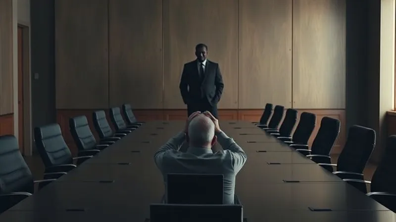 A person sitting alone at a large, empty conference table, head in hands, looking stressed and isolated, with a faint, shadowy figure of a looming boss in the background. Photorealistic, professional photography, 8K, cinematic lighting, sharp focus, depth of field, shot on a high-end DSLR.
