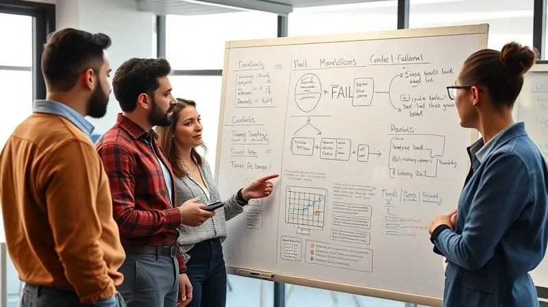 A diverse team of professionals in a modern, brightly lit office, gathered around a large whiteboard covered with diagrams and notes, actively discussing and collaborating. One team member points to a section with a 'FAIL' label, but the team's expressions are engaged and thoughtful, not disheartened. Photorealistic, professional photography, 8K, cinematic lighting, sharp focus, depth of field, shot on a high-end DSLR.