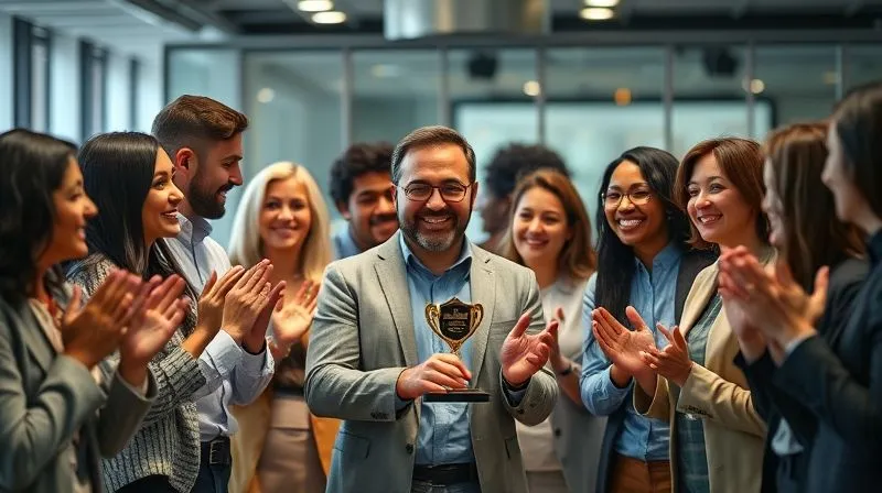 A diverse team of professionals applauding and smiling around a colleague who is holding a small, symbolic 'Courage Award' trophy or certificate. The setting is a modern office, filled with positive energy and celebratory lighting. Photorealistic, professional photography, 8K, cinematic lighting, sharp focus, depth of field, shot on a high-end DSLR.