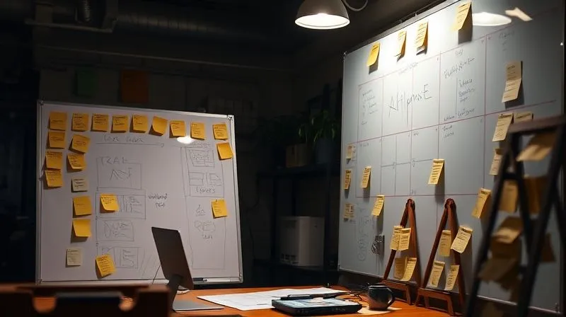 photorealistic, professional photography, 8K, cinematic lighting, sharp focus, depth of field, shot on a high-end DSLR, a startup founder meticulously sketching an MVP wireframe on a whiteboard, surrounded by sticky notes with user feedback, in a dimly lit, focused workspace. The scene emphasizes lean methodology and early validation. Emotionally resonant, showing dedication and resourcefulness.