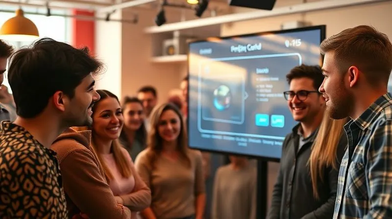 photorealistic, professional photography, 8K, cinematic lighting, sharp focus, depth of field, shot on a high-end DSLR, a diverse group of people excitedly looking at a 3D rendering of an innovative product on a large screen, credit card icons subtly visible, in a modern, vibrant co-working space, representing successful crowdfunding. Emotionally resonant, showing community support and anticipation.