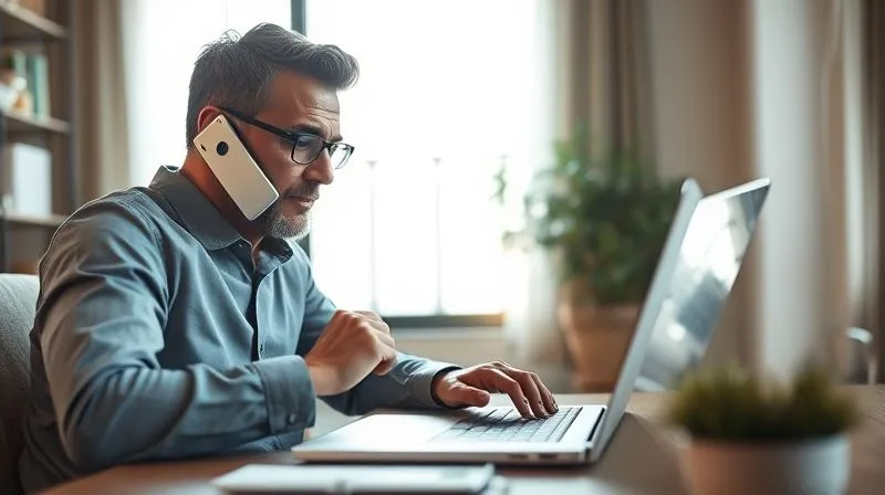 photorealistic, professional photography, 8K, cinematic lighting, sharp focus, depth of field, shot on a high-end DSLR, a small business owner on the phone, looking at an invoice on a laptop screen, a look of focused determination, daylight streaming through a window, representing proactive accounts receivable management.