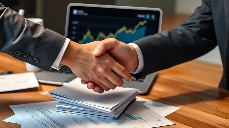 photorealistic, professional photography, 8K, cinematic lighting, sharp focus, depth of field, shot on a high-end DSLR, two business professionals shaking hands over a stack of financial documents on a modern desk, a laptop displaying a financial graph in the background, symbolizing a successful funding agreement.