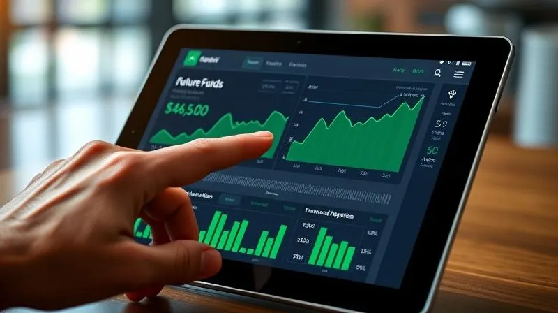 photorealistic, professional photography, 8K, cinematic lighting, sharp focus, depth of field, shot on a high-end DSLR, a sleek, modern financial dashboard displayed on a tablet, showing clear graphs of cash flow projections, green ascending lines, with a hand pointing to a 'future funds' section, symbolizing proactive financial planning and a safety net.