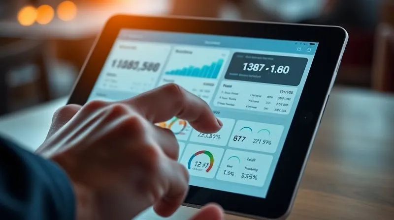 photorealistic, professional photography, 8K, cinematic lighting, sharp focus, depth of field, shot on a high-end DSLR, a close-up of a tablet screen displaying a sophisticated financial management app, showing real-time cash flow, invoices, and payment statuses, with a hand interacting with the touch screen, symbolizing efficient use of technology.