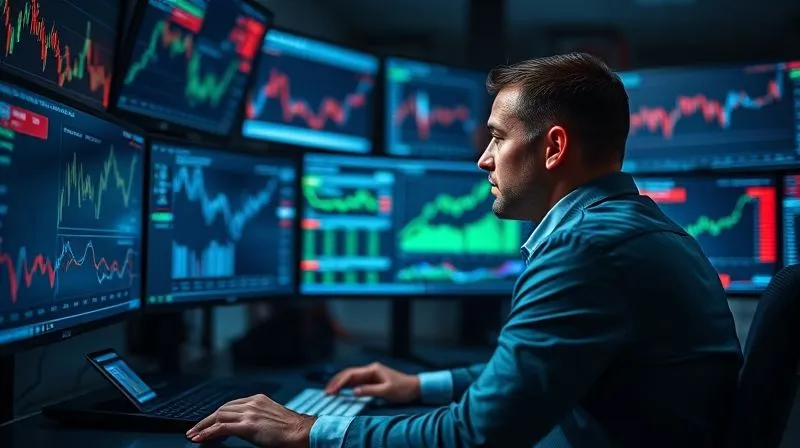 A photorealistic image of a person at a desk, surrounded by multiple screens displaying market data, trend graphs, and news feeds, symbolizing vigilance and early trend detection. The person is focused, with a slight look of strategic contemplation. Cinematic lighting, 8K, depth of field, shot on a high-end DSLR.